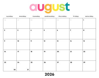 August 2026 Rainbow Calendar Printable: Minimalist Monthly Planner (Digital Download) | Sunday, Monday Starts | Landscape Letter