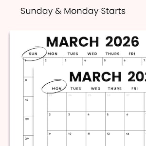 Pode incluir: Um calend&aacute;rio imprim&iacute;vel preto e branco para mar&ccedil;o de 2026. O calend&aacute;rio come&ccedil;a no domingo e tem uma caixa para cada dia do m&ecirc;s. O calend&aacute;rio &eacute; projetado para uso pessoal.
