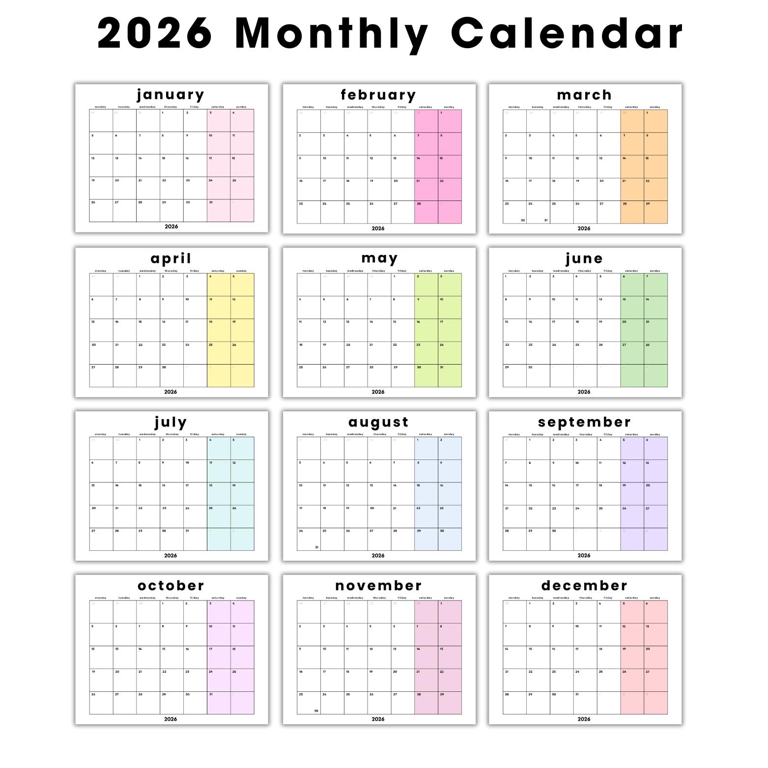 2026 Minimalist Calendar Printable: Colorblock Monthly Planner (PDF ...