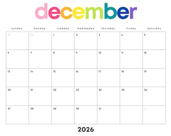 December 2026 Rainbow Calendar Printable: Minimalist Monthly Planner (Digital Download) | Sunday, Monday Starts | Landscape Letter