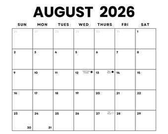 August 2026 Minimalist Calendar: US Holidays & Moon Phases (Printable PDF) | Sunday + Monday Start | Instant Download