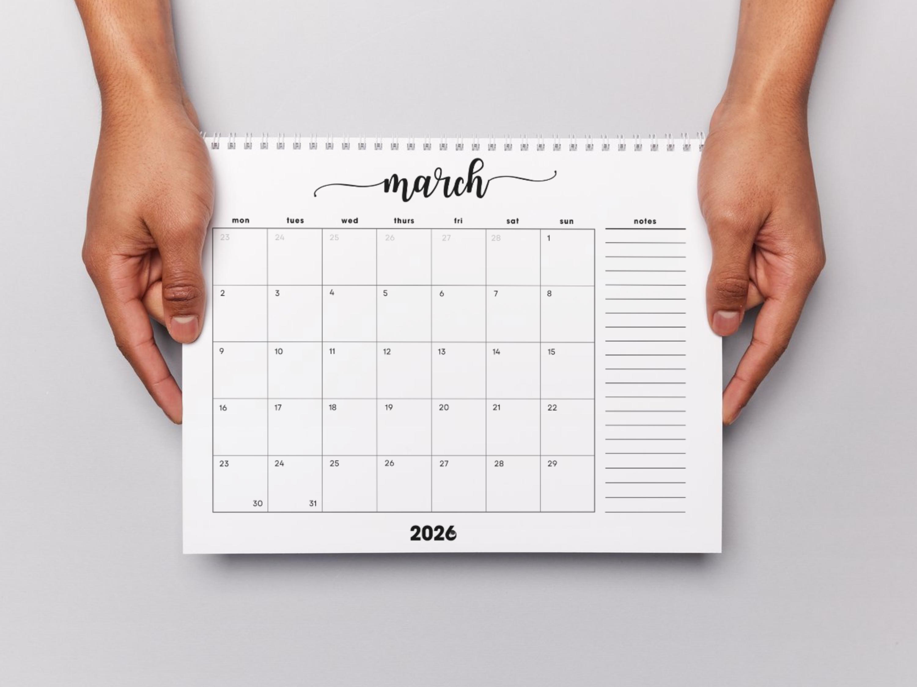 March Cursive Calander March 2026 Monthly Calendar With Notes: Minimalist Cursive Landscape ...