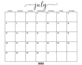 Datiert Juli 2025 Minimalistischer Monatskalender PDF zum Ausdrucken | SOFORTIGER DOWNLOAD | Juli Planer | Sonntag + Montag Beginn