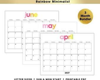 Q2 2027 Rainbow Calendar Bundle | April May June Colorful Printable PDF | Instant Download | Sunday, Monday Start