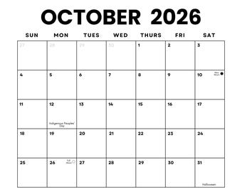 October 2026 Minimalist Calendar: US Holidays & Moon Cycles (PDF)