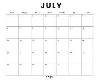 Juli 2025 Minimalistischer Monatskalender PDF zum Ausdrucken | SOFORTIGER DOWNLOAD | Juli Digital 2025 Kalender | Sonntag + Montag Beginn