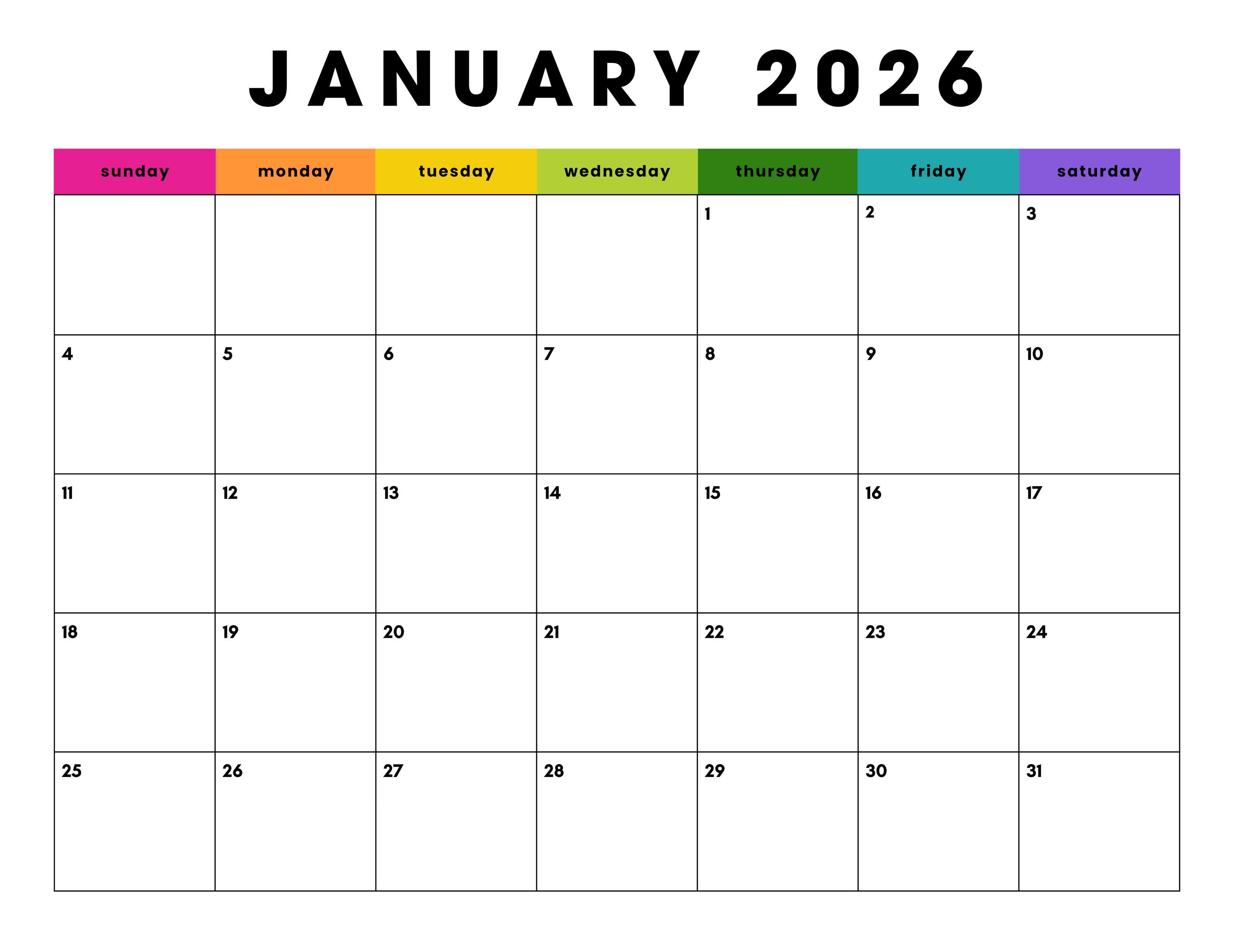 January 2026 Colorblock Calendar Printable: Bright Minimalist Design ...