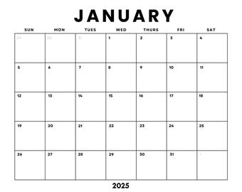 Dated January 2025 Minimalist Monthly Calendar Printable PDF| Instant Digital Download | Dated Monthly Planner 2025 | Sunday + Monday Start