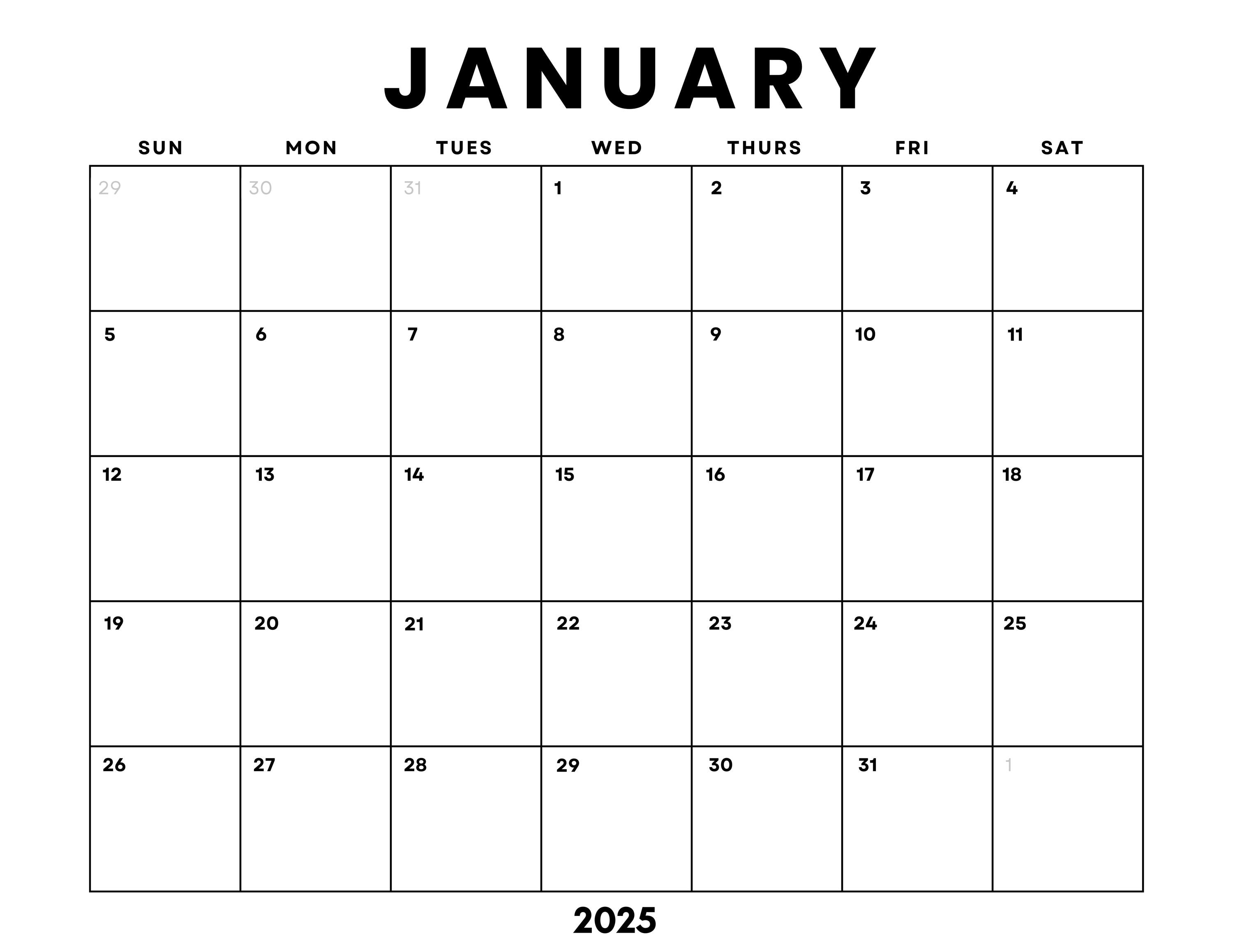 Dated January 2025 Minimalist Monthly Calendar Printable PDF Instant Digital Download Dated