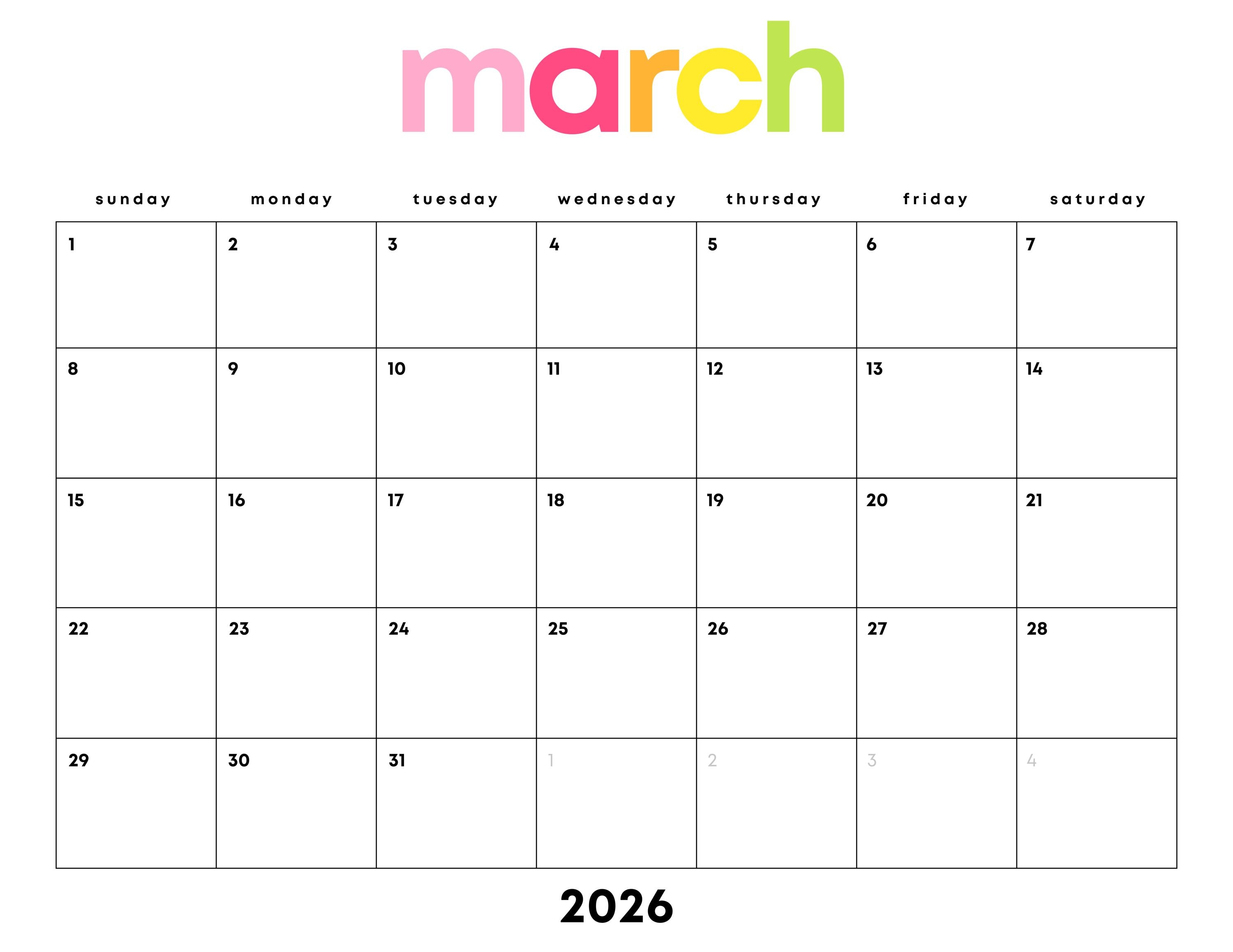 March 2026 Minimalist Calendar Printable: Rainbow PDF, Sunday/monday ...