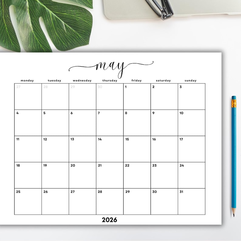 May 2026 Monthly Calendar Printable | Minimalist Letter PDF (instant