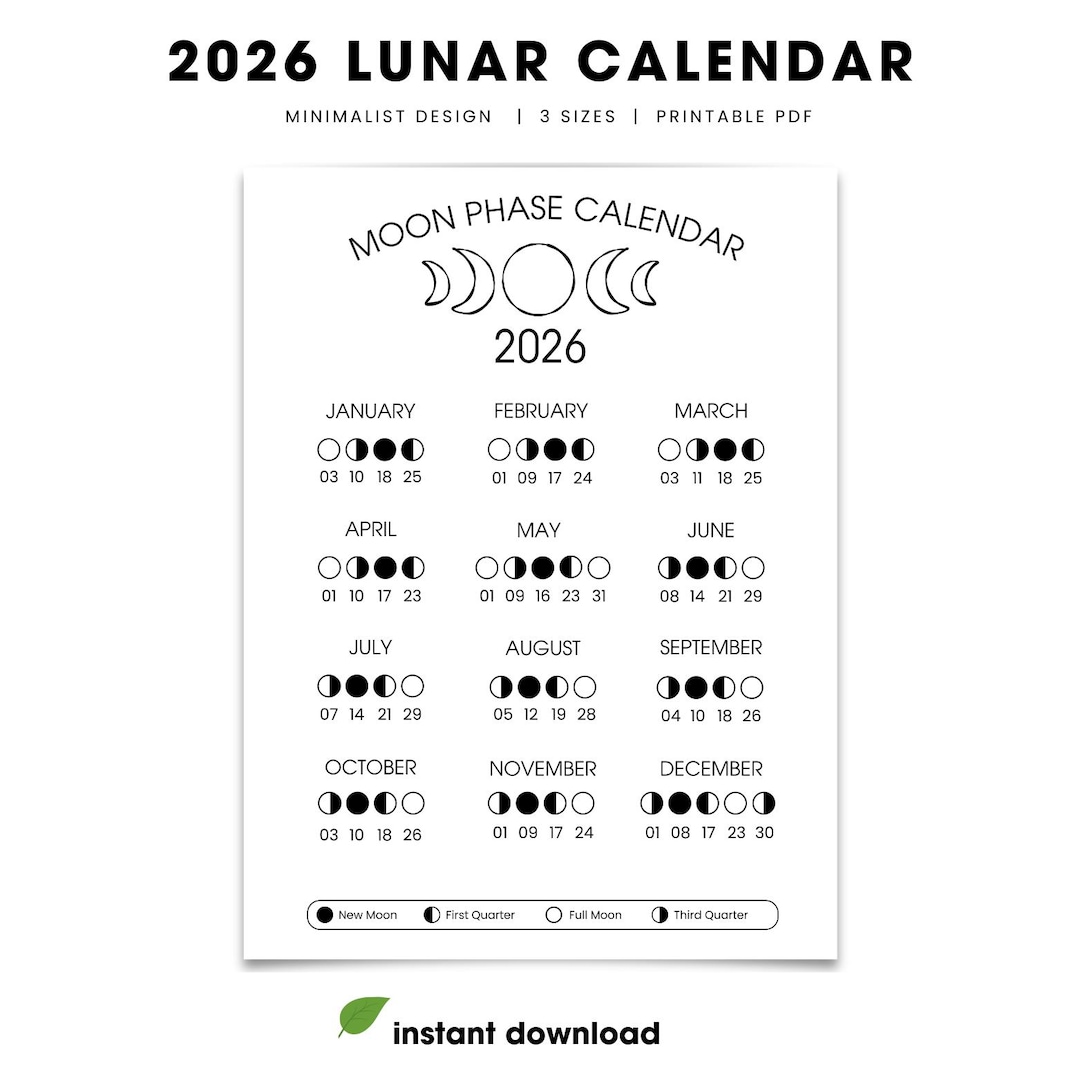 2026 Lunar Calendar | Moon Phase Calendar Printable | Moon Cycle ...