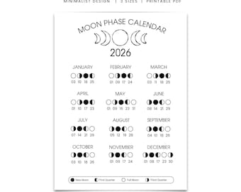 2026 Lunar Calendar | Moon Phase Calendar Printable | Moon Cycle Minimalist Printable | Instant Download