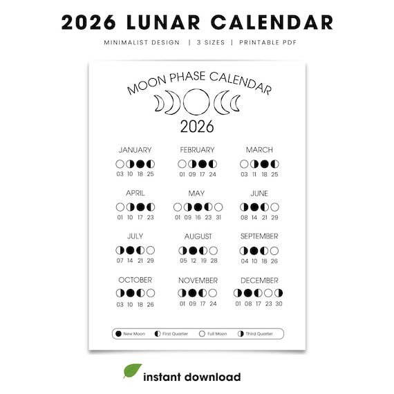 2026 Lunar Calendar | Moon Phase Calendar Printable | Moon Cycle