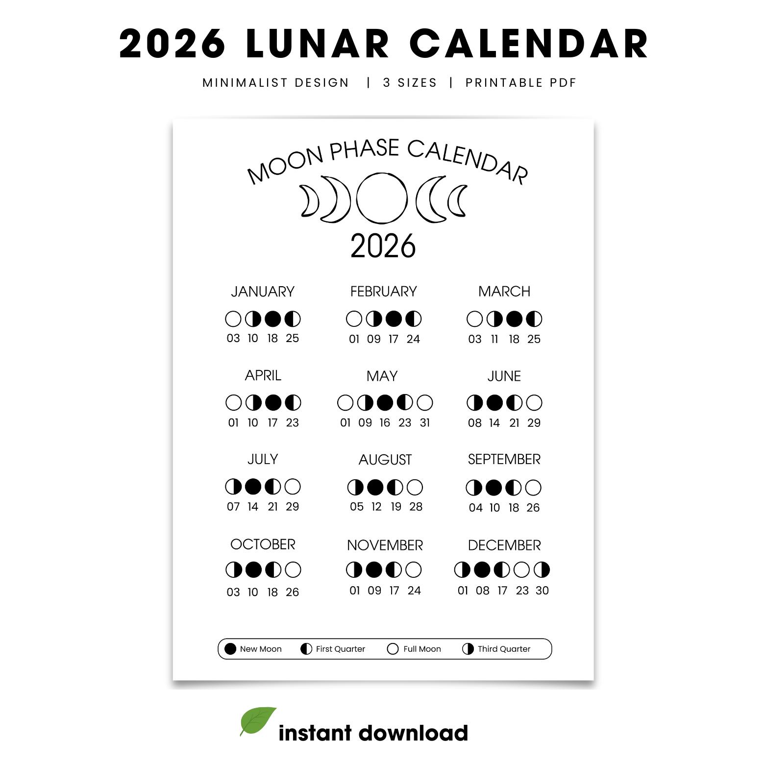 2026 Lunar Calendar | Moon Phase Calendar Printable | Moon Cycle