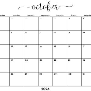 May include: A black and white monthly calendar page for October 2026. The word October is written in a cursive script at the top. The grid features seven columns for days of the week and five rows of date boxes numbered from 1 to 31.