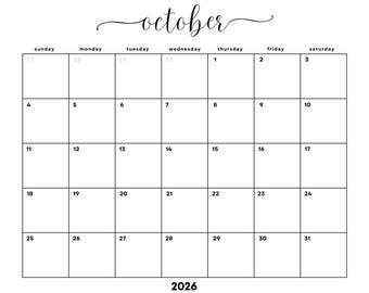 Dated October 2026 Minimalist Monthly Calendar Printable Letter PDF| INSTANT DOWNLOAD | October Planner | Sunday + Monday Start