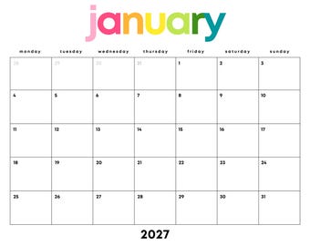 January 2027 Minimalist Calendar Printable: Rainbow PDF, Sunday/Monday Start (Digital Download) | Landscape Letter, A4 | Monthly Planner