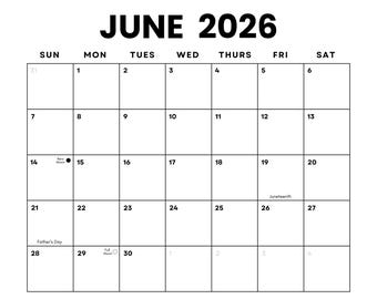 Juni 2026 Minimalistischer Kalender: US Feiertage & Mondphasen (druckbares PDF) | Sonntag + Montag Beginn | Sofort Download