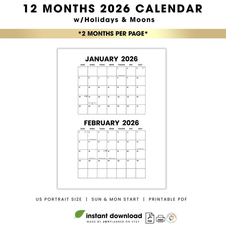 2026 Minimalist Calendar Landscape Printable: Monthly Planner W/us ...