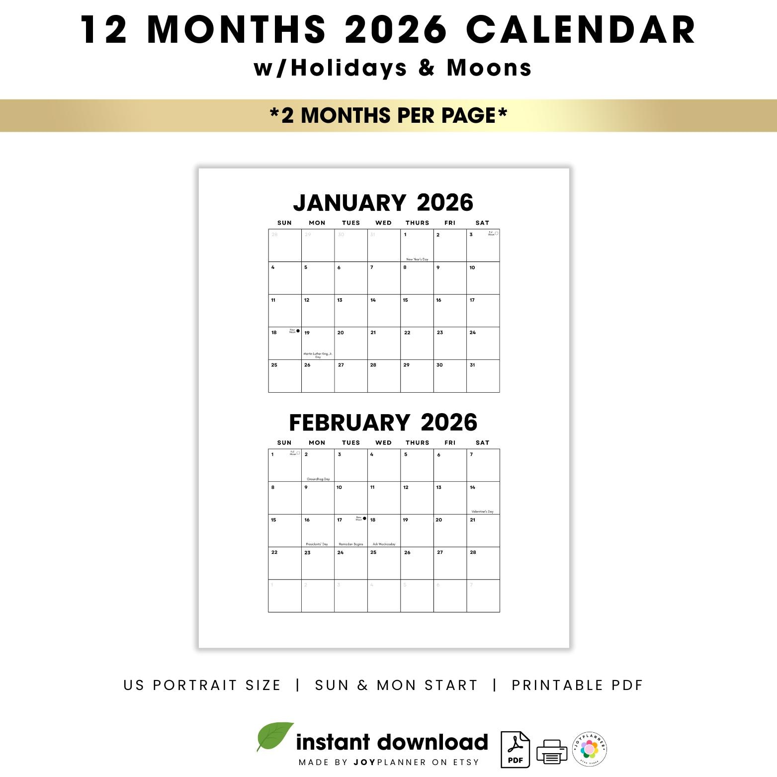 2026 Minimalist Calendar Landscape Printable: Monthly Planner W/us ...