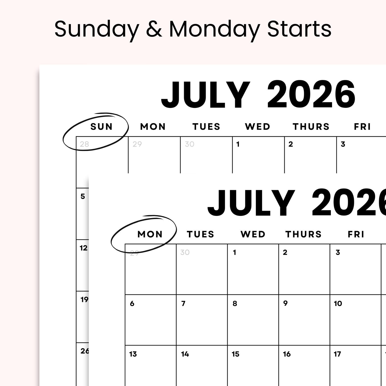 Juli 2026 Monatskalender zum Ausdrucken: Minimalistischer Kalender PDF