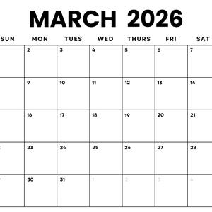 Pode incluir: Um calend&aacute;rio preto e branco para mar&ccedil;o de 2026. O calend&aacute;rio tem os dias da semana etiquetados no topo e os n&uacute;meros de 1 a 31 listados em linhas.