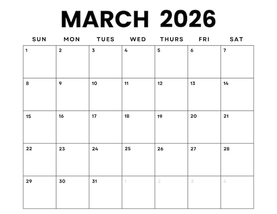 March 2026 Printable Calendar: Minimalist Monthly Planner (Digital Download), Sunday + Monday Stars, Landscape Letter PDF