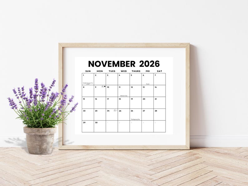 2026年 ミニマリストカレンダー 印刷可能：アメリカの祝日と月の満ち欠けがわかる月間プランナー（PDFダウンロード）/日曜＋月曜始まり/横長