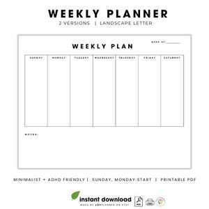 Minimalist Weekly Planner Printable PDF W/notes | 1 Week Overview 2026 ...