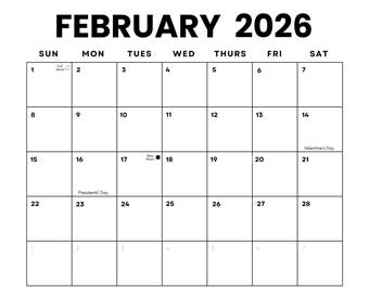 Calendário minimalista de fevereiro de 2026: Feriados dos EUA e fases da lua (PDF para impressão) | Início no domingo e na segunda-feira | Download instantâneo