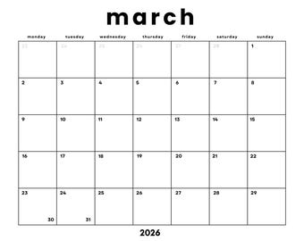 March 2026 Monthly Calendar Printable | Minimalist Design (Digital Download)