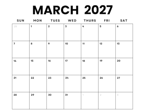 March 2027 Calendar Printable: Minimalist PDF Planner (digital Download) - Etsy Israel