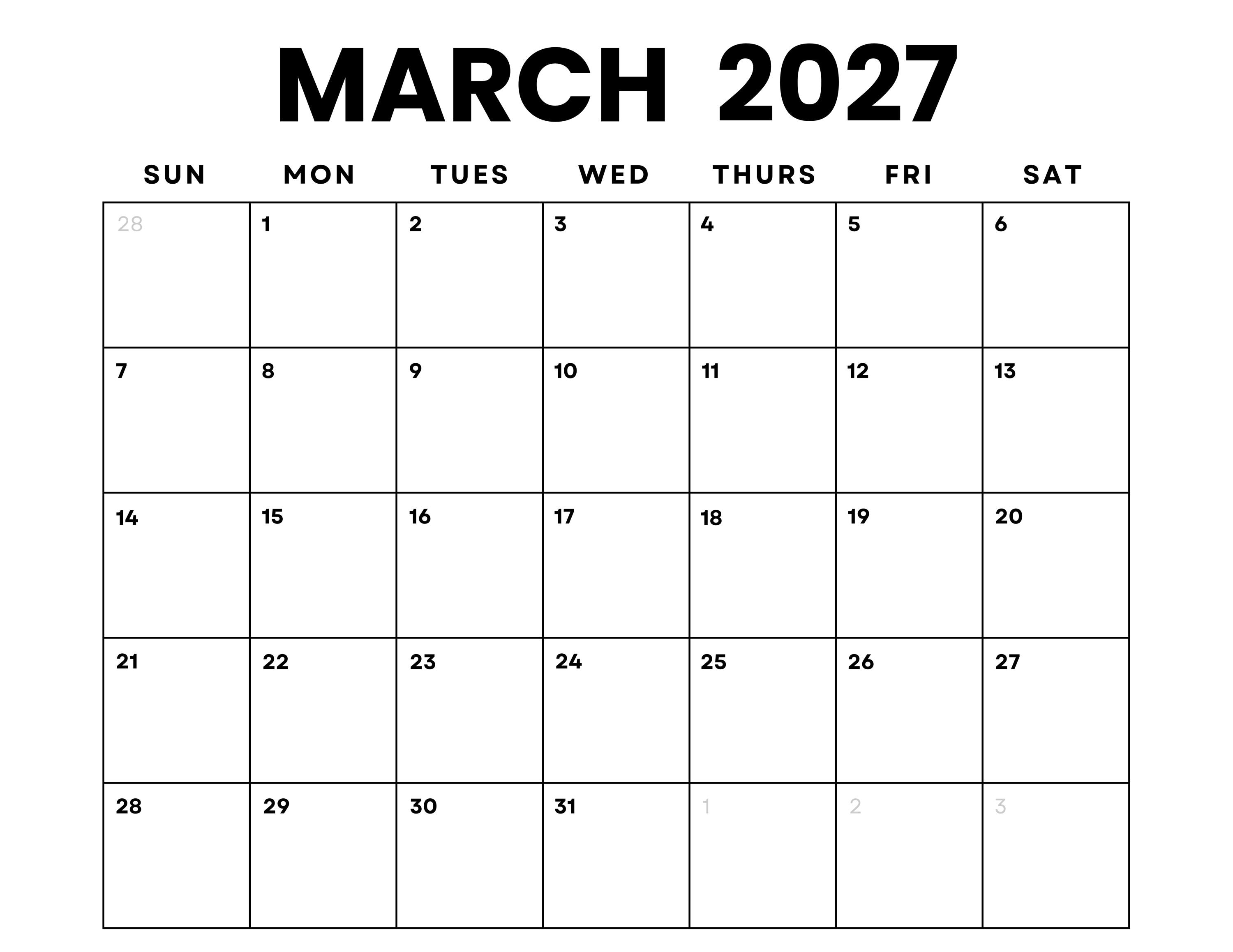 March 2027 Calendar Printable: Minimalist PDF Planner ...