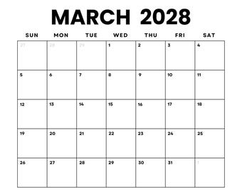 March 2028 Calendar Printable: Minimalist PDF Planner (Digital Download) | Sunday + Monday Start | Instant Download