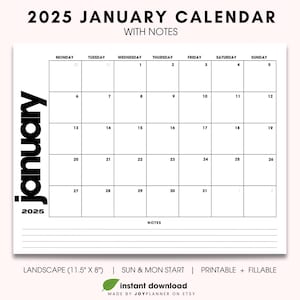 Dated January 2025 Modern Monthly Calendar Printable PDF| Instant Digital Download | Dated Monthly Planner 2025 | Sunday + Monday Start