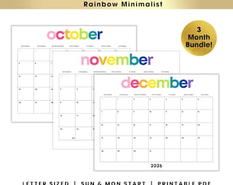 Q4 2026 Rainbow Calendar Bundle | October November December Colorful Printable PDF | Instant Download