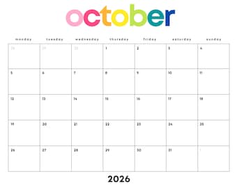 October 2026 Rainbow Calendar Printable: Minimalist Monthly Planner (Digital Download) | Sunday, Monday Starts | Landscape Letter