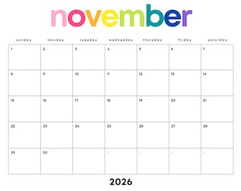 November 2026 Rainbow Calendar Printable: Minimalist Monthly Planner (Digital Download) | Sunday, Monday Starts | Landscape Letter