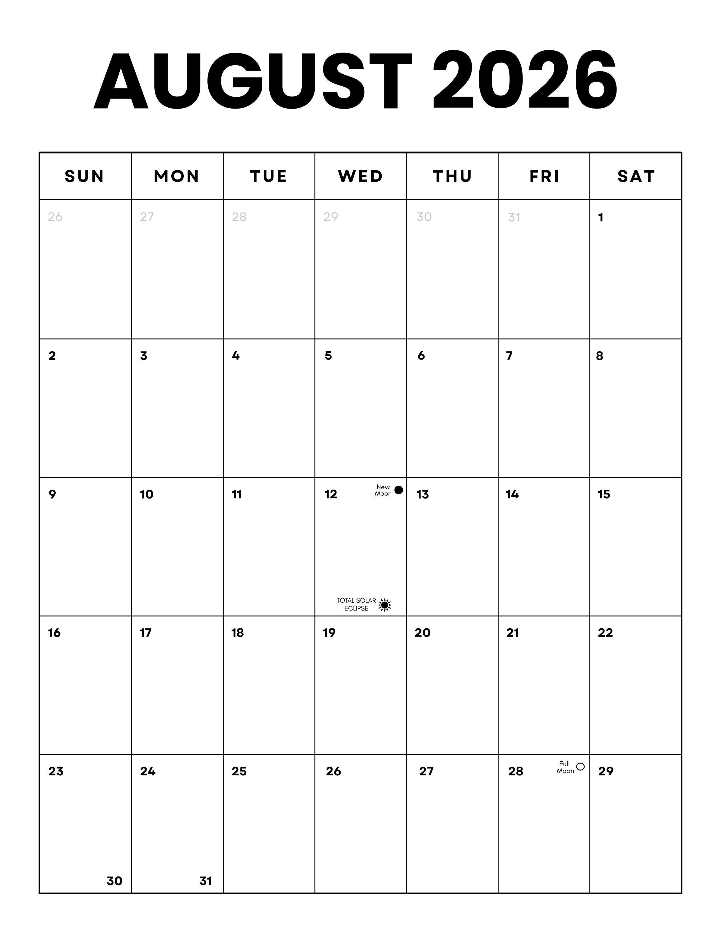 August 2026 Vertical Minimalist Calendar: US Holidays & Moon Phases ...