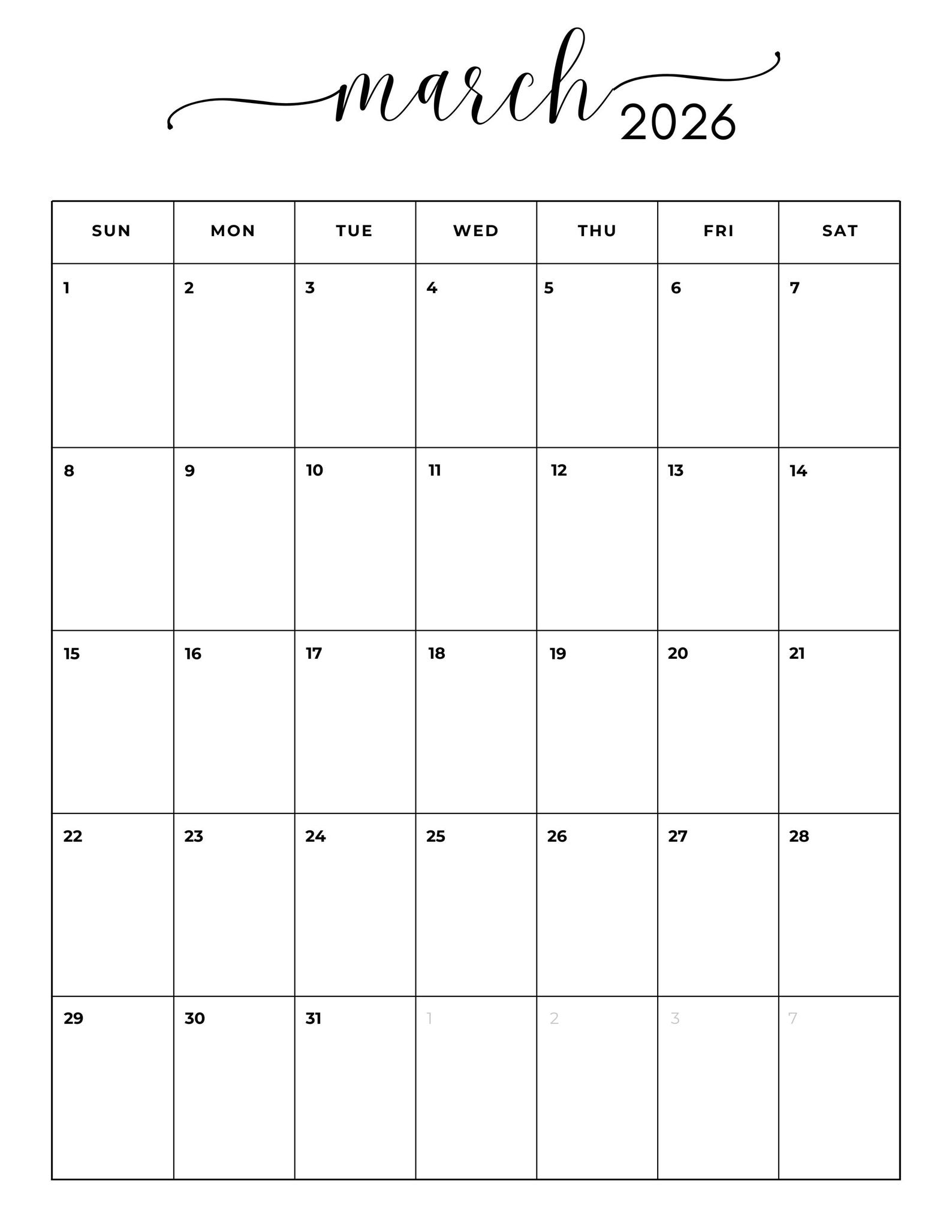 March 2026 Monthly Calendar: Minimalist Cursive Vertical Planner ...