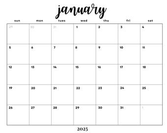 January 2025 Minimalist Monthly Calendar Printable PDF| Instant Digital Download | Dated January Planner | Sunday Start