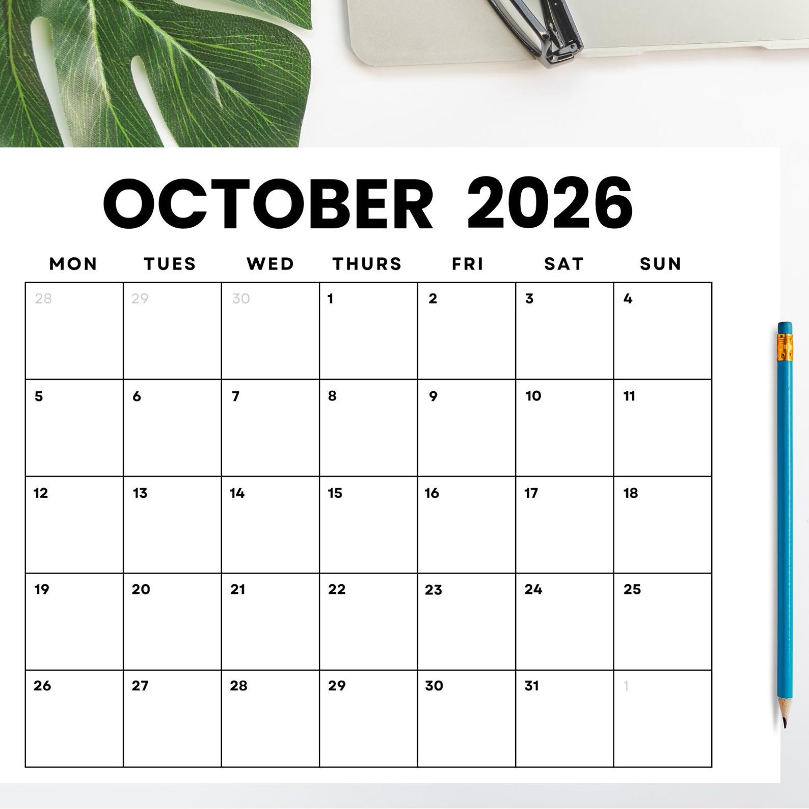 October 2026 Monthly Calendar Printable: Minimalist PDF (digital
