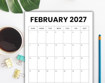 February 2027 Monthly Calendar: Minimalist Minimalist Vertical Planner (Printable PDF, Digital Download, Sunday/Monday Start) | 8.5 X 11"