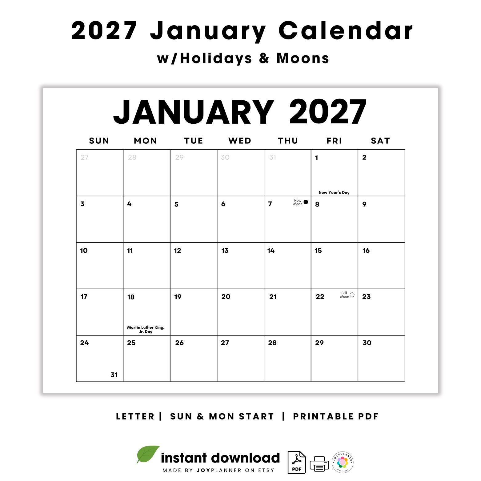 Calendário Mensal de Janeiro de 2027 com Feriados e Fases da Lua ...