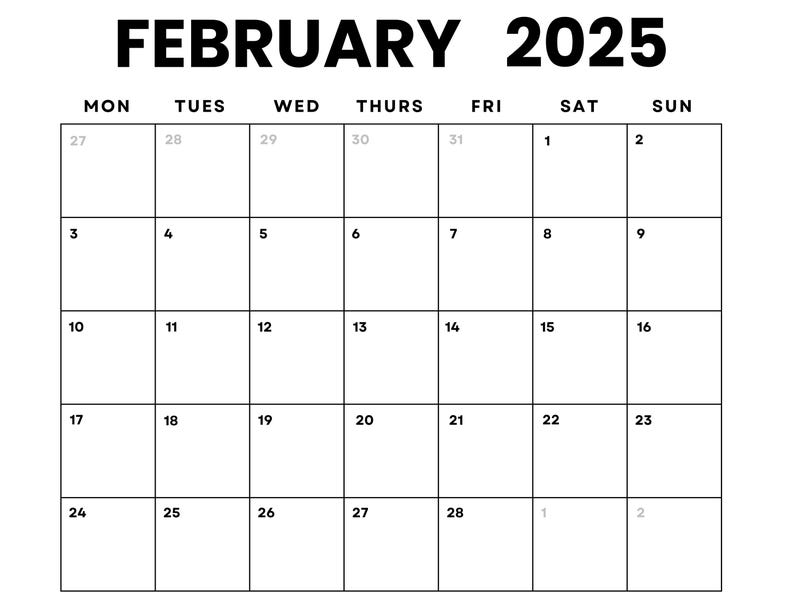 Dated February 2025 Minimalist Monthly Calendar Printable PDF Instant