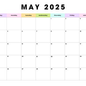 Datiert Mai 2025 Minimalistischer Monatskalender Colorblock Printable PDF| Sofortiger digitaler Download | Datiert Mai | Sonntag Start