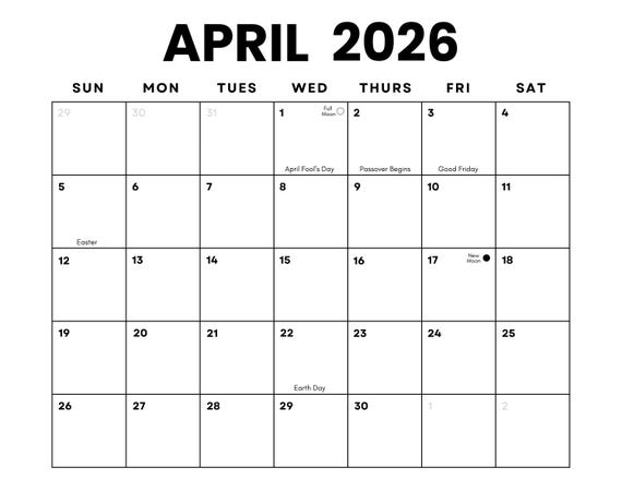 Minimalist April 2026 Printable Calendar – Clean & Simple 2 April 2026 Minimalist Calendar: US Holidays & Moon Phases ...