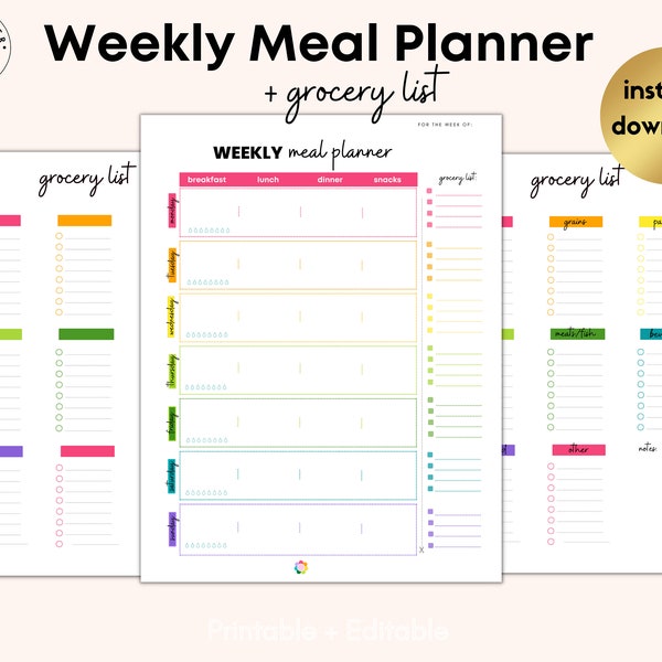 Weekly Meal Planner + Grocery List |  Weekly Menu PDF  |  Digital Download | Grocery Template | Nutrition Planner