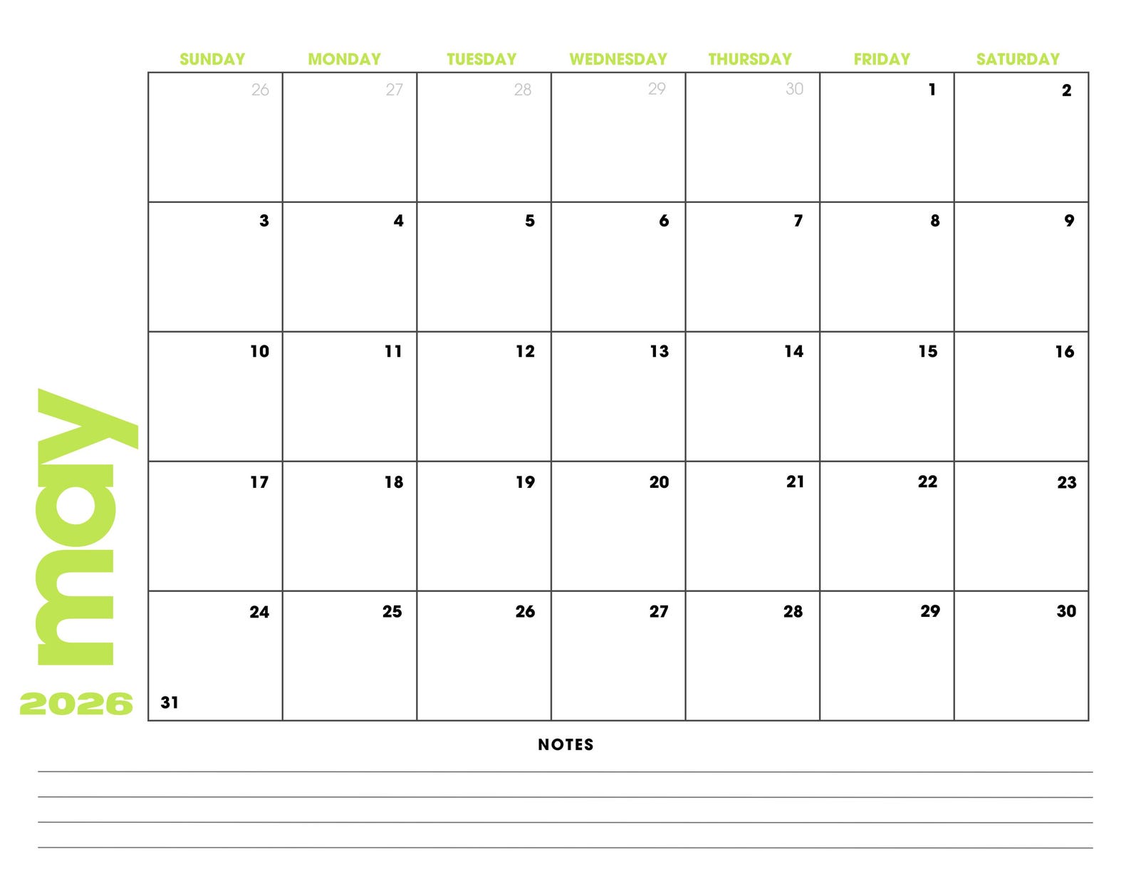 May 2026 Minimalist Modern Calendar Printable: PDF, Sunday Start ...